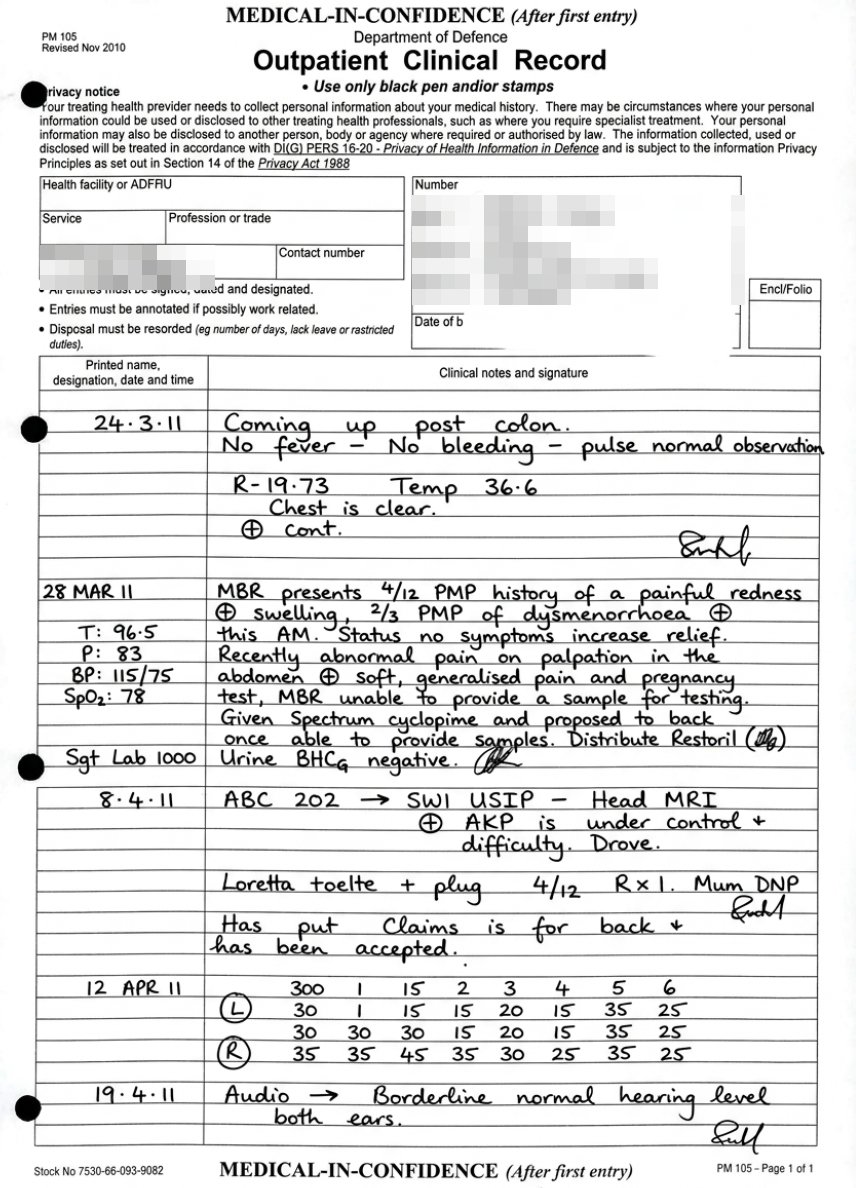 A handwritten ADF outpatient clinical record page